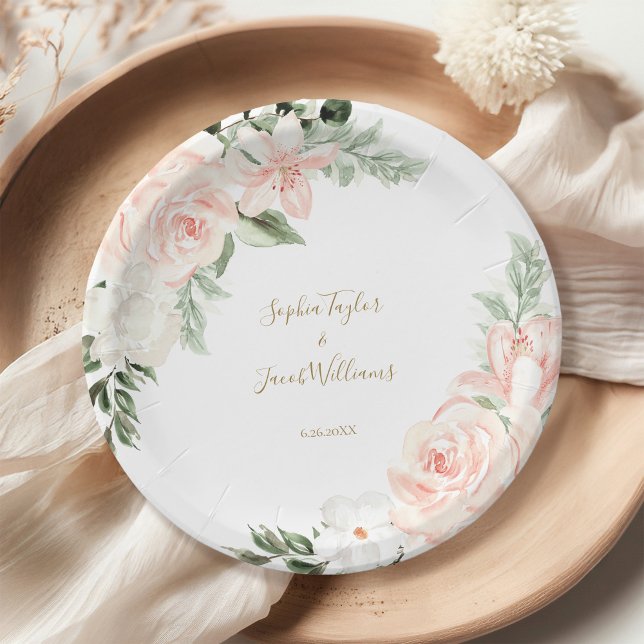 Assiettes En Carton Mariage botanique floral rose et or (Créateur téléchargé)