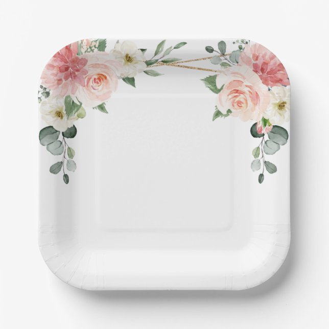 Assiettes En Carton Mariage botanique géométrique rose pâle (Recto)