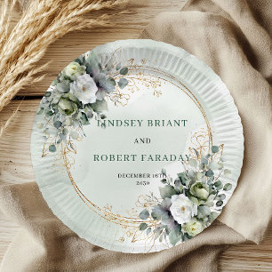 Assiettes En Carton Mariage botanique personnalisé vert boho or