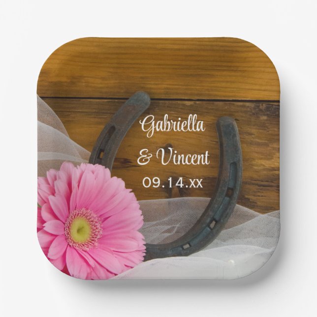 Assiettes En Carton Mariage campagnard Rose Daisy et Horseshoe (Recto)