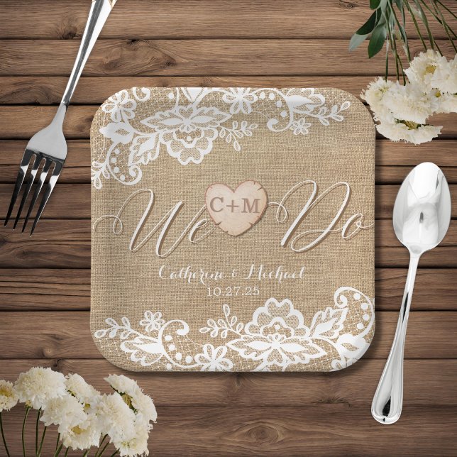 Assiettes En Carton Mariage campagnard Rustique Burlap Et Dentelle (Créateur téléchargé)