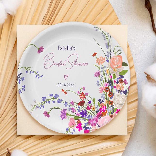 Assiettes En Carton Mariage champêtre chic et moderne avec fleurs sauv (Modern chic wild flowers script bridal shower paper plates)