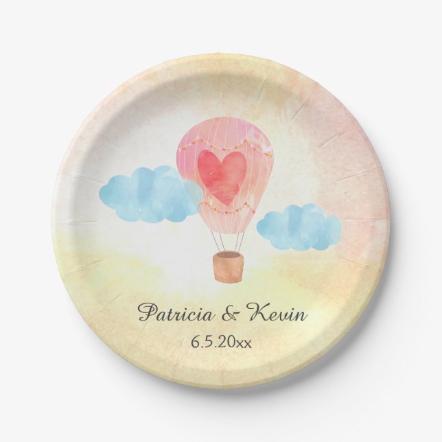 Assiettes En Carton Mariage chaud de ballon à air d'aquarelle (Devant)