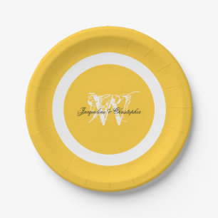 Assiettes En Carton Mariage Chic Jaune Ensoleillé Élégant Monogramme B