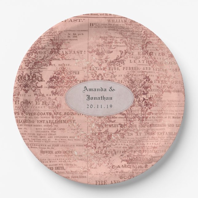 Assiettes En Carton Mariage chic or rose (Devant)