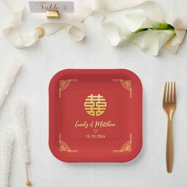 Assiettes En Carton Mariage chinois cadre doré double xi (Mariage)