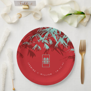 Assiettes En Carton Mariage chinois Turquoise Bambou Feuille Double Xi