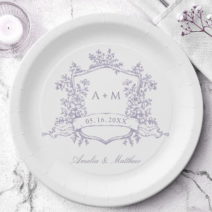 Assiettes En Carton Mariage Classique Monogramme Crête Fleurie de Lava
