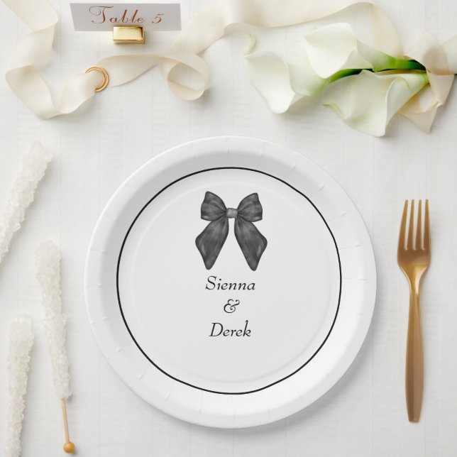 Assiettes En Carton Mariage Classique Noir & Blanc Ruban Nœud (Mariage)