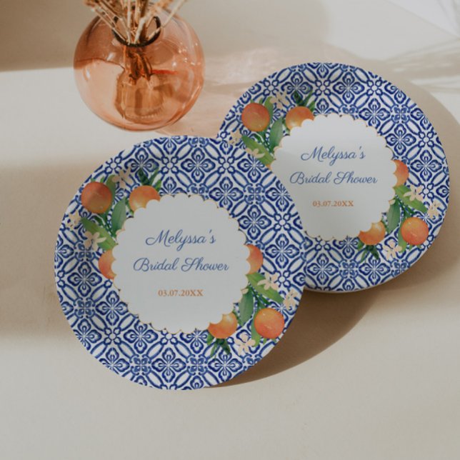 Assiettes En Carton Mariage Classique Oranges Bleu Blanc Positano Douc (Classic oranges with blue white tile print for positano portofino bridal shower)
