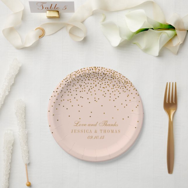 Assiettes En Carton Mariage Confetti Rose Poudré et Or (Mariage)