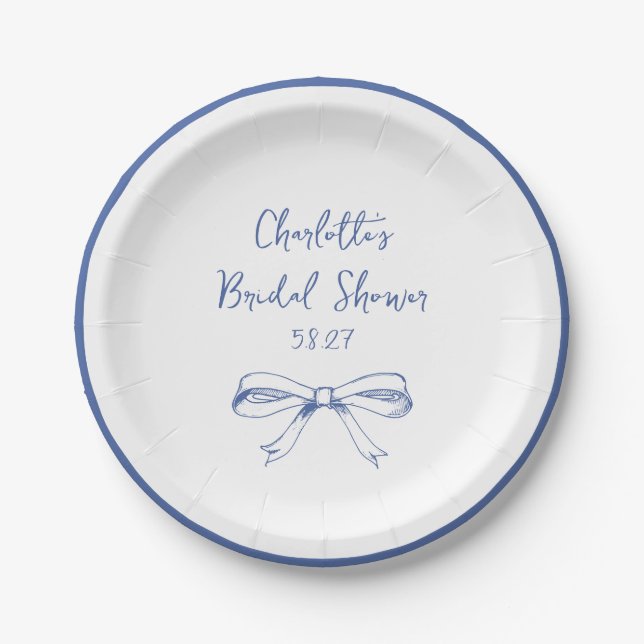 Assiettes En Carton Mariage Coquette Nœud Script Manuscrit Lavis Bleu (Devant)