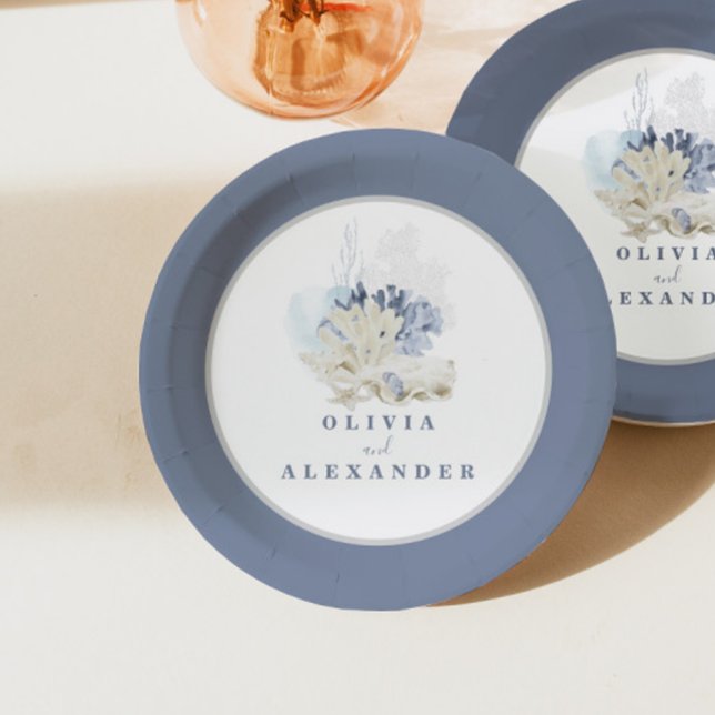 Assiettes En Carton Mariage coquillage bleu plage côtière (Créateur téléchargé)