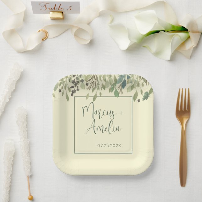 Assiettes En Carton Mariage Crème & Eucalyptus Moderne  (Mariage)