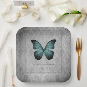 Assiettes En Carton Mariage damassé à papillon Vintage turquoise