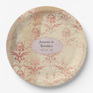 Assiettes En Carton Mariage damassé en or rose