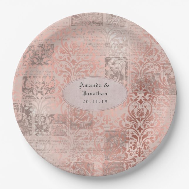 Assiettes En Carton Mariage damassé shabby-chic or rose (Devant)