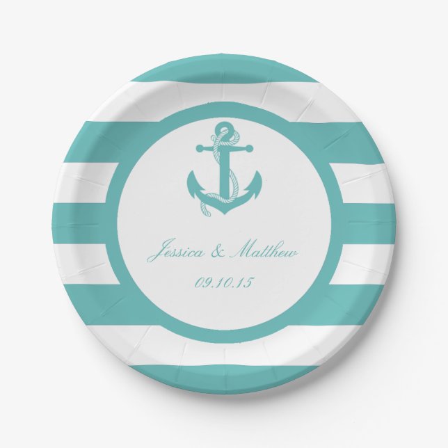 Assiettes En Carton Mariage d'Ancre de bande turquoise marine (Devant)