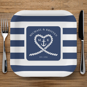 Assiettes En Carton Mariage d'Ancre du coeur rayé bleu marine