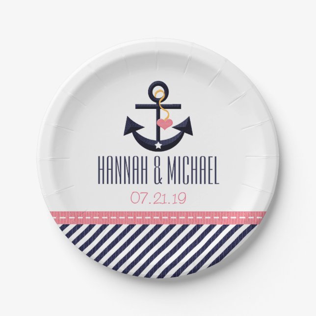 Assiettes En Carton Mariage d'Ancre nautique rose et marine (Devant)