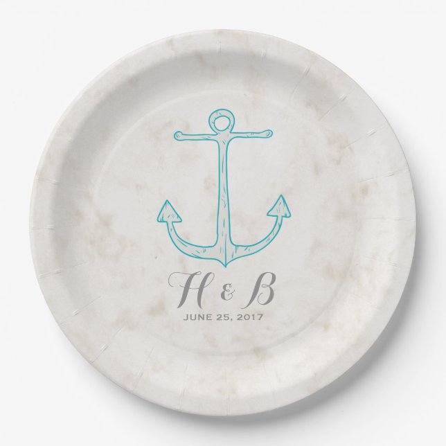Assiettes En Carton Mariage d'Ancre turquoise Rustique (Devant)
