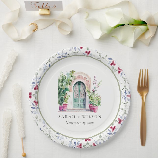 Assiettes En Carton Mariage d'aquarelle de porte marocaine tropicale (Mariage)
