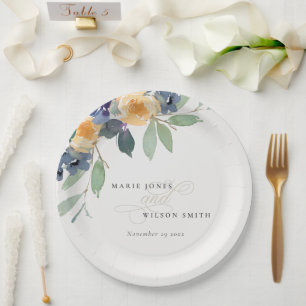 Assiettes En Carton Mariage d'aquarelle jaune bleu joyeux