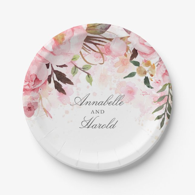 Assiettes En Carton Mariage d'aquarelle rose (Devant)
