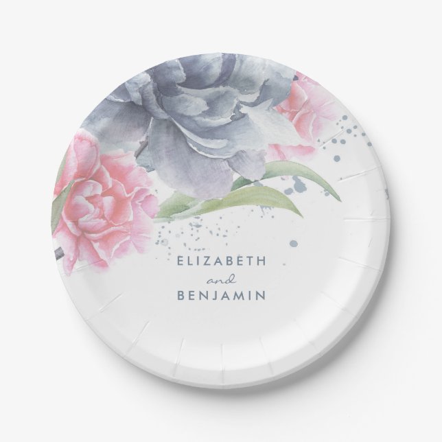Assiettes En Carton Mariage d'aquarelle rose et bleu-duvet (Devant)