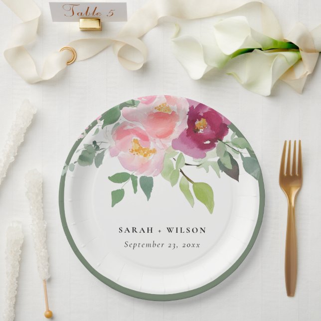 Assiettes En Carton Mariage d'aquarelle Rose rose-bleu (Mariage)