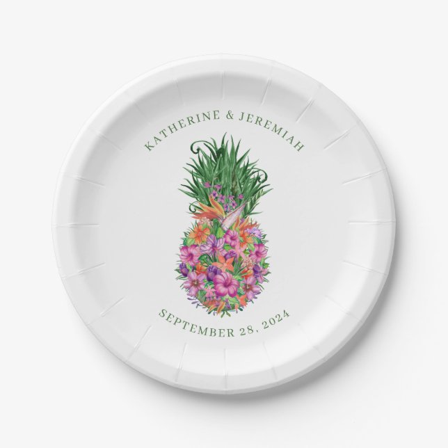 Assiettes En Carton Mariage d'aquarelle tropicale à ananas (Devant)