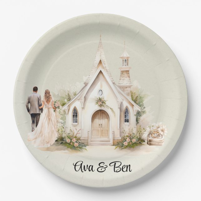 Assiettes En Carton Mariage d'aquarelle White Church (Devant)