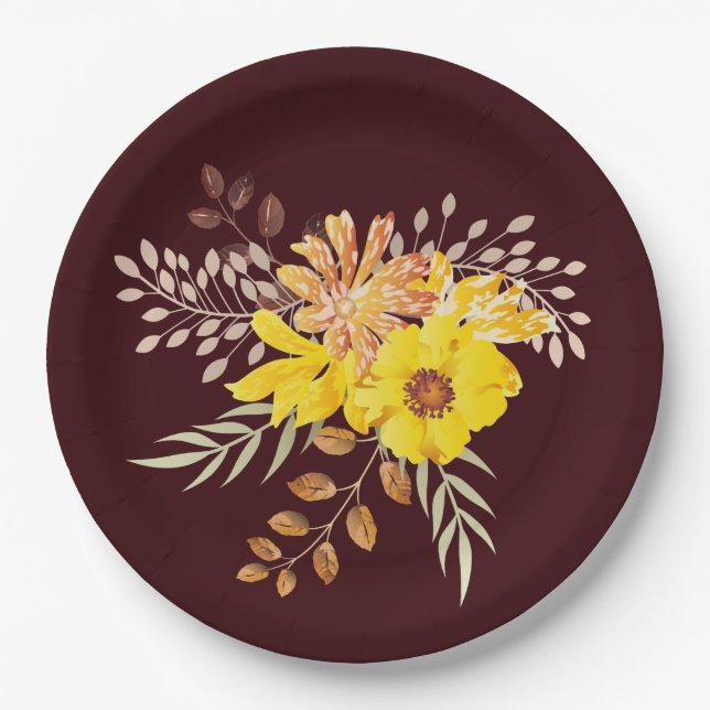 Assiettes En Carton Mariage de automne rustique Jaune Roses sauvages,  (Devant)
