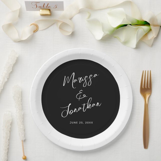 Assiettes En Carton Mariage de bande moderne noir blanc (Mariage)