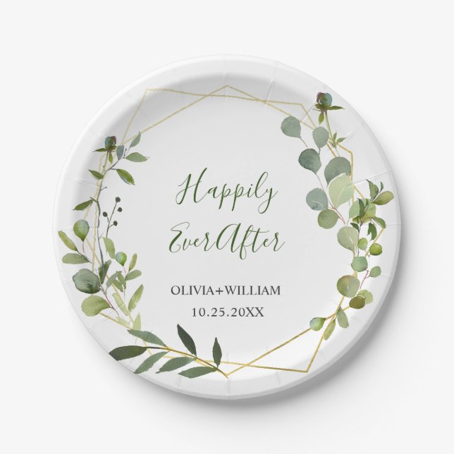 Assiettes En Carton Mariage de cadre géométrique de feuillage Eucalypt (Devant)