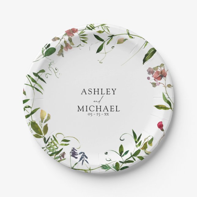 Assiettes En Carton Mariage de calligraphie Fleur sauvage moderne (Devant)