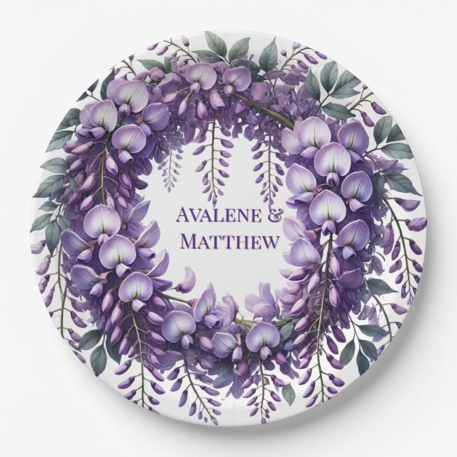 Assiettes En Carton Mariage de couronnes de wisteria pourpre (Devant)