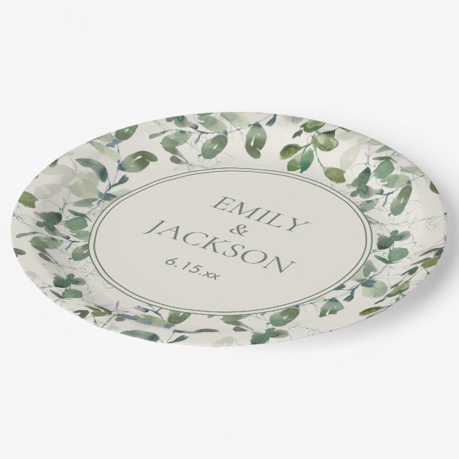 Assiettes En Carton Mariage de crème Feuille Sage Green Eucalyptus (Angle)