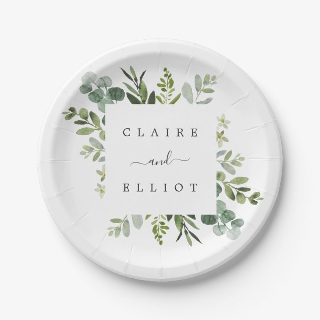 Assiettes En Carton Mariage de feuillage vert Eucalyptus (Devant)