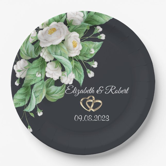 Assiettes En Carton Mariage de fleurs blanches (Devant)