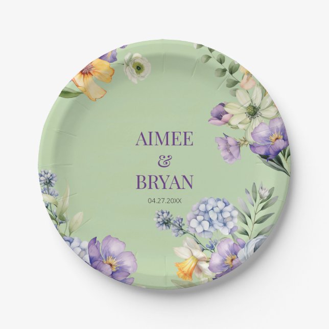 Assiettes En Carton Mariage de fleurs d'aquarelle verte (Devant)