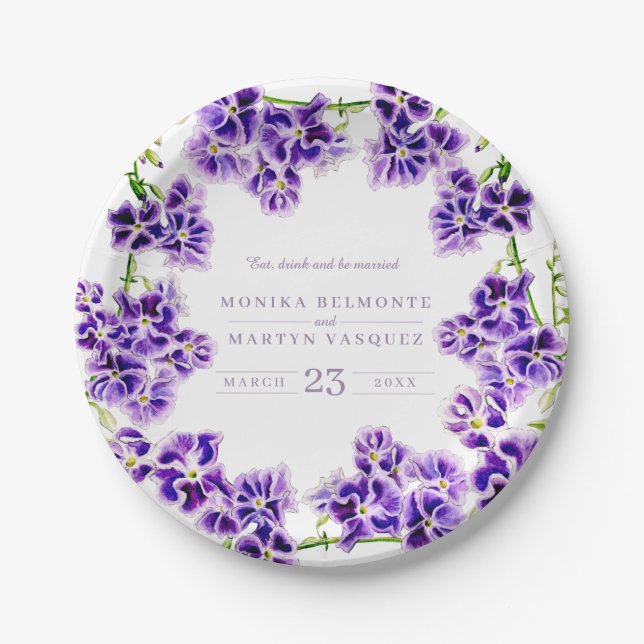 Assiettes En Carton Mariage de fleurs d'aquarelle violet duranta (Devant)