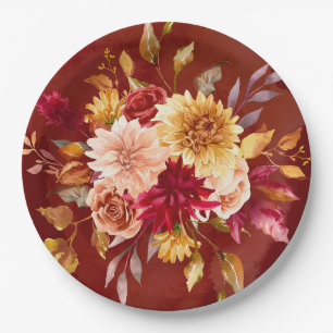 Assiettes En Carton Mariage de fleurs de dahlia rouge foncé et jaune