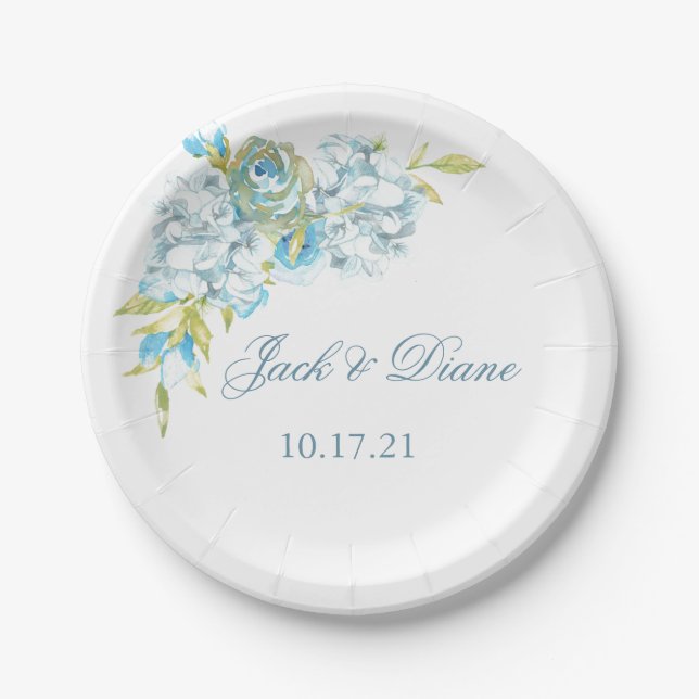 Assiettes En Carton Mariage de fleurs de jardin bleu (Devant)