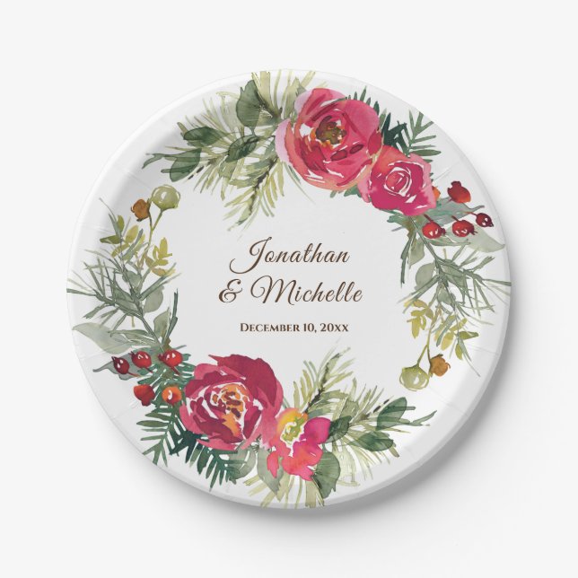 Assiettes En Carton Mariage de fleurs de Noël rose rouge (Devant)