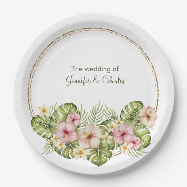 Assiettes En Carton Mariage de fleurs hawaïennes tropicales (Devant)