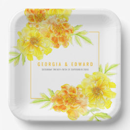Assiettes En Carton Mariage de fleurs marigold jaune carré