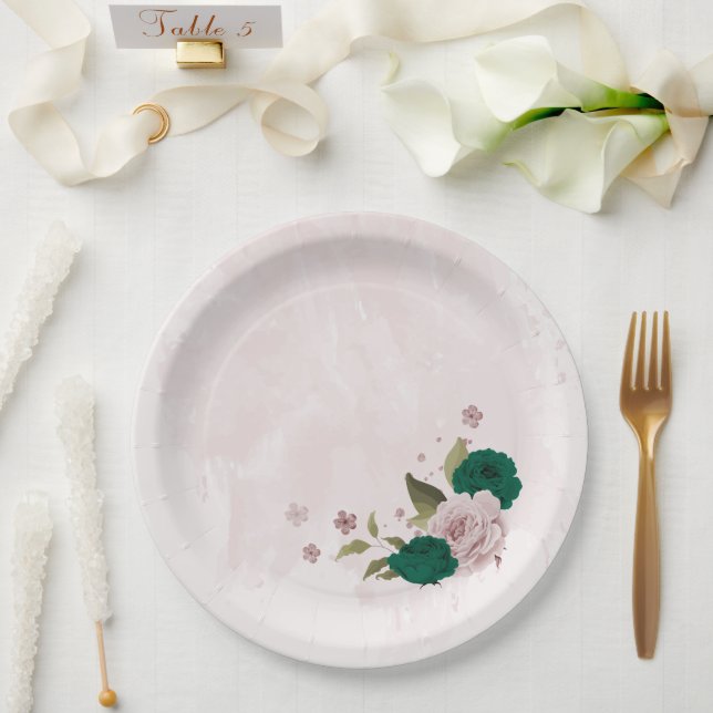 Assiettes En Carton mariage de fleurs rose vert émeraude (Mariage)