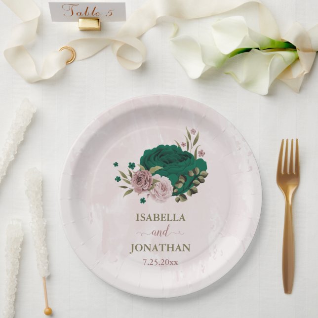 Assiettes En Carton mariage de fleurs rose vert émeraude (Mariage)