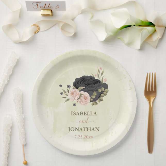 Assiettes En Carton mariage de fleurs roses noires (Mariage)